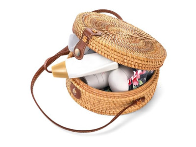 वूवेन पेपर स्ट्रॉ बैग ब्लैक राउंड बैग्स ऑफ नेचुरल बाली रतन कस्टम लोगो